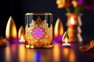 A beautifully arranged set of colorful diyas (oil lamps) on a decorative tray, perhaps with flower petals and rangoli designs surrounding them.