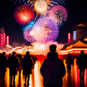  A night sky filled with colorful bursts of fireworks, capturing the festive spirit of Diwali.