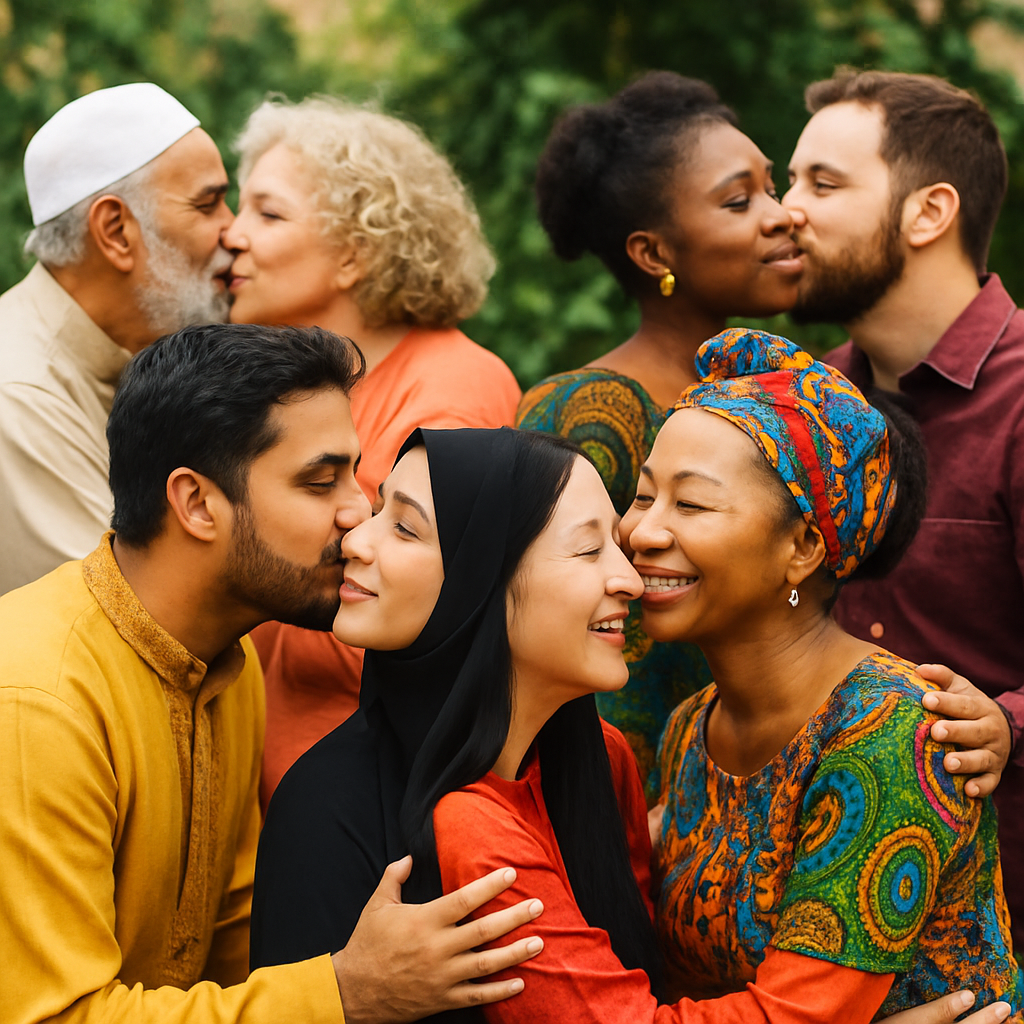People of different cultures greeting each other with kisses