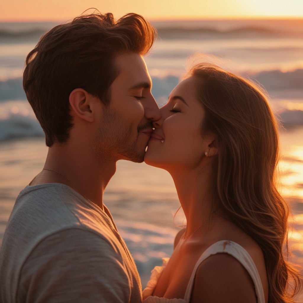 Couple sharing a romantic kiss at sunset by the beach