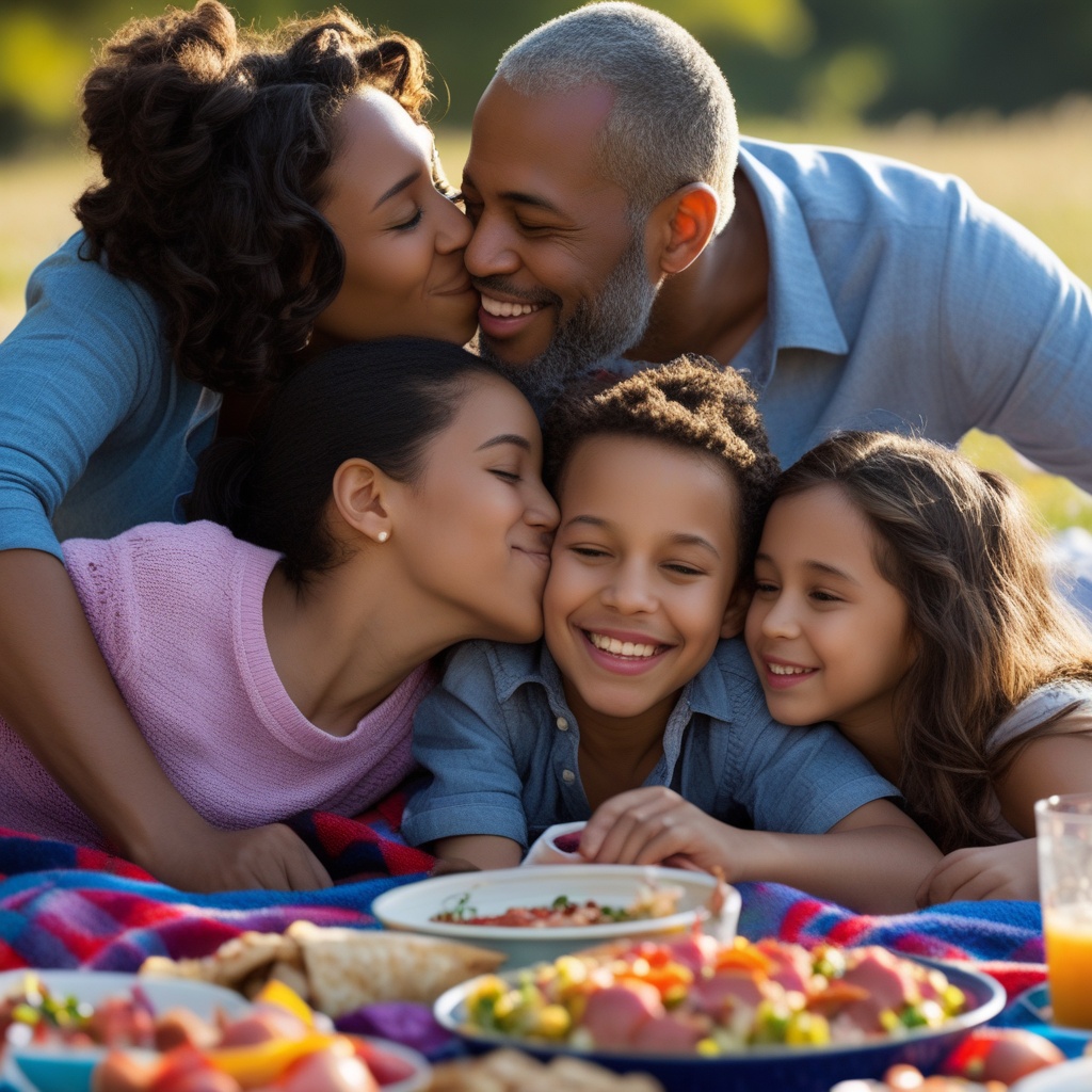 Family exchanging kisses and hugs during a picnic