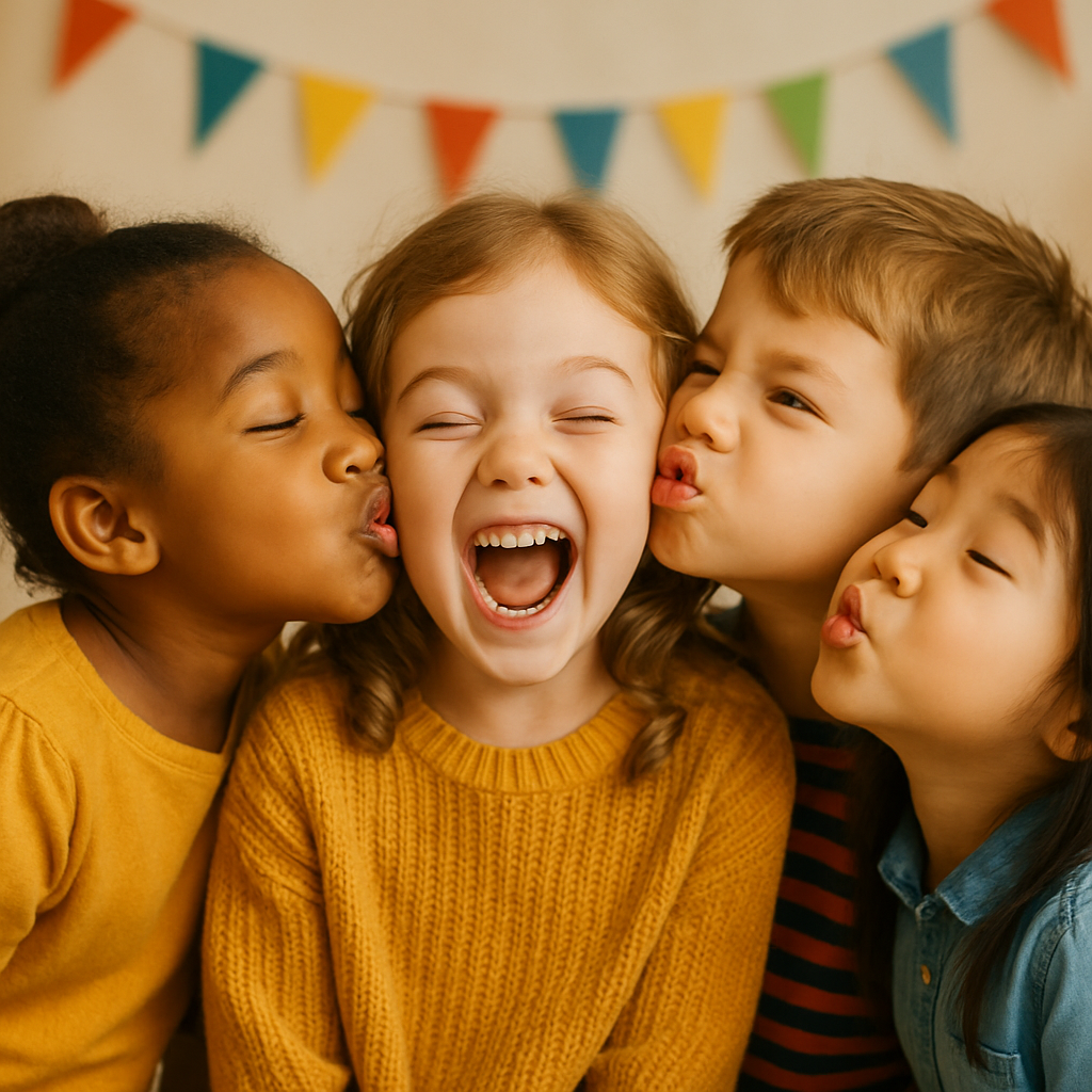 Children laughing and pretending to kiss a cheek playfully
