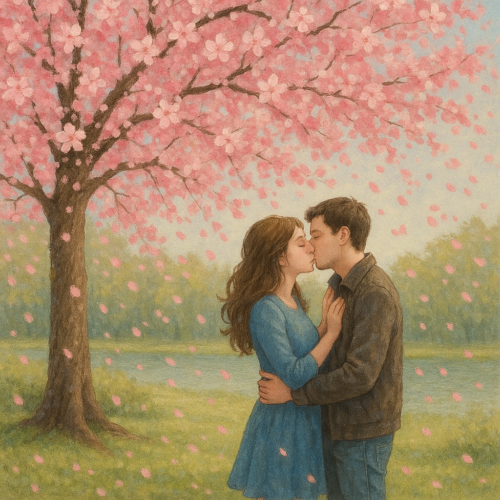 Couple kissing under a cherry blossom tree in bloom