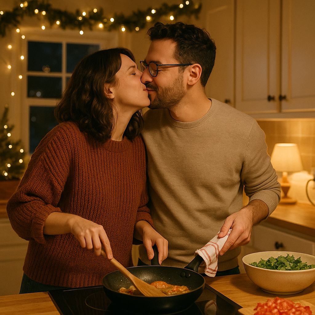 Partners sharing a kiss while cooking together at home