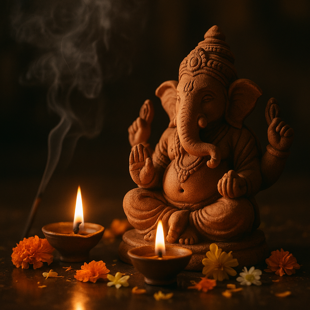 Peaceful evening prayer scene for Ganesh Chaturthi 2026