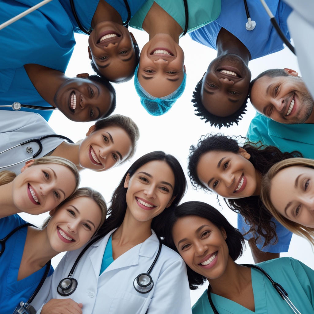A group of healthcare workers posing together, representing unity and teamwork.