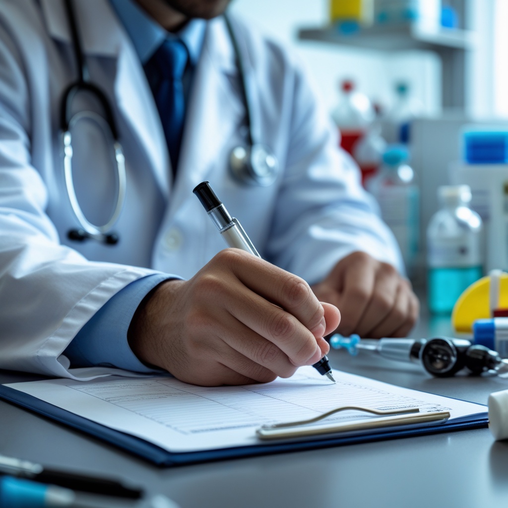 A doctor focused on writing a prescription, surrounded by medical instruments.