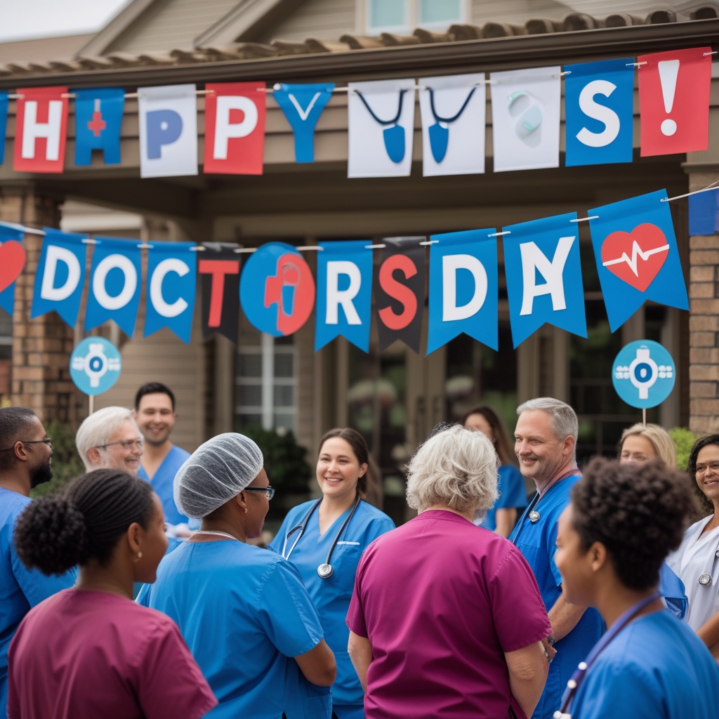 Community members celebrating Doctors Day with festive banners and decor.
