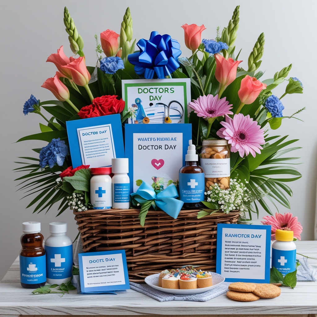 Gift basket for Doctors Day filled with healthy snacks and a personal note.