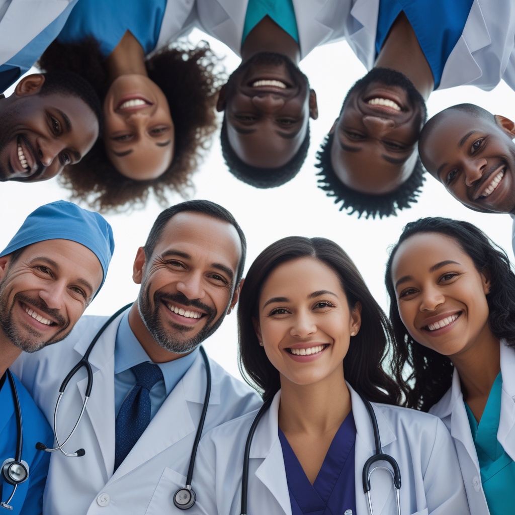 Diverse group of doctors smiling together, representing collaboration.