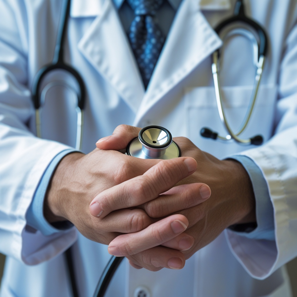 Close-up image of a doctor's hands holding a stethoscope, symbolizing healthcare.