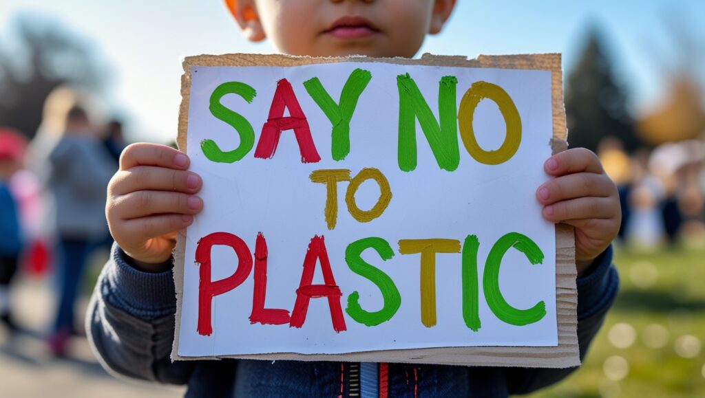 child holding a sign against plastic