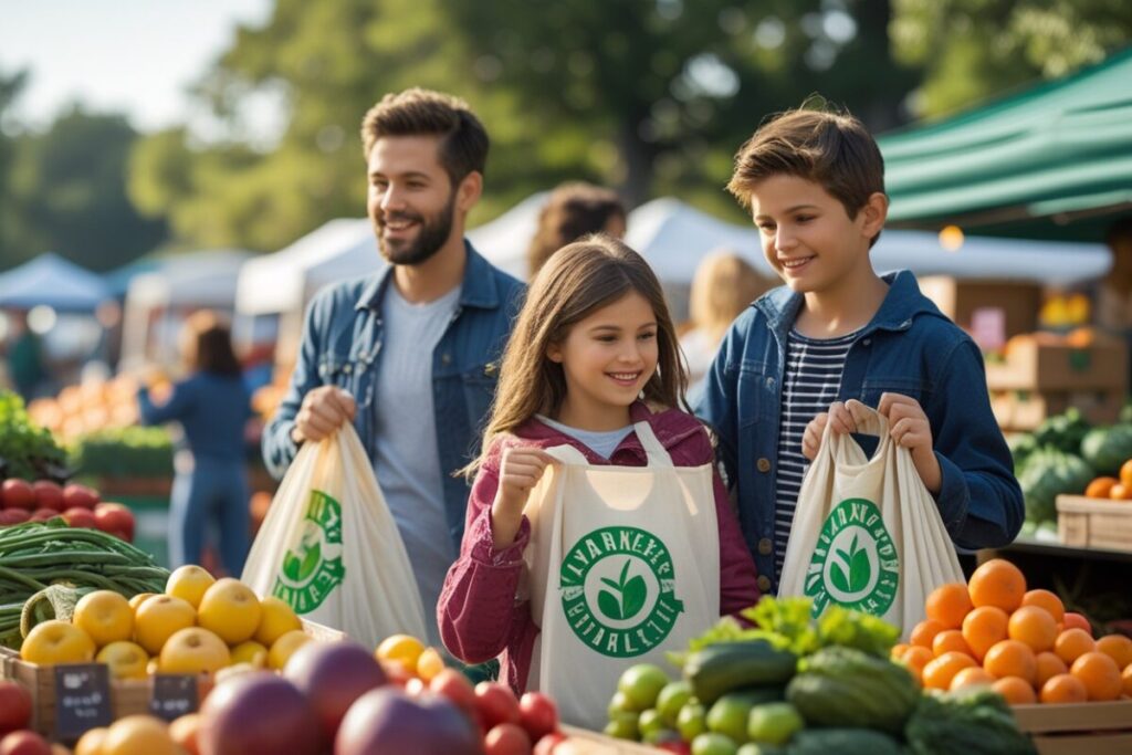 family with reusable bags at a farmer's market