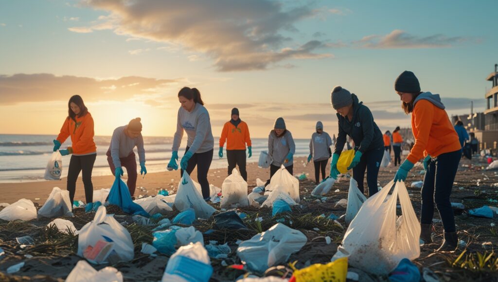 volunteers collecting plastic during a beach clean-up