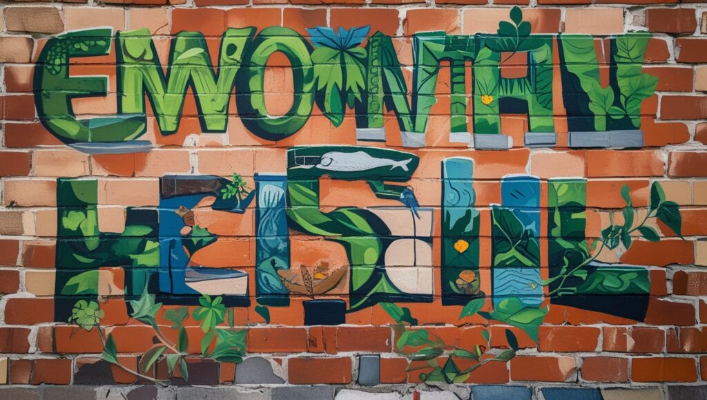 A colorful mural with environmental messages promoting sustainability.