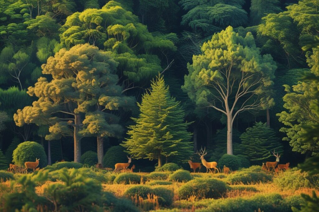 A lush forest with diverse flora and fauna, representing nature's beauty.