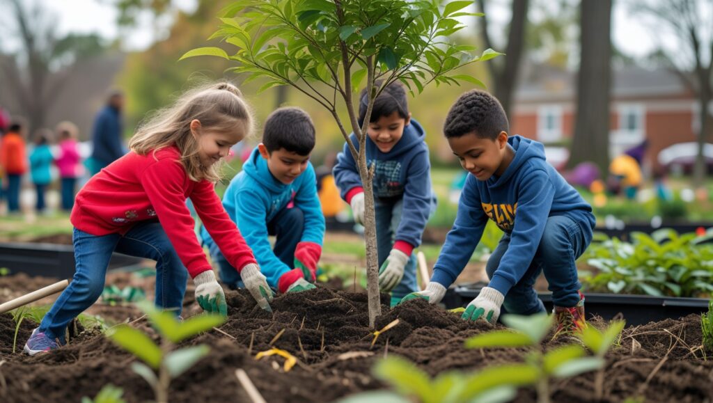 Children engaged in tree planting, emphasizing community and education.