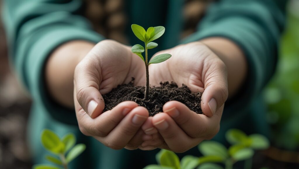 Hands gently holding a seedling, symbolizing environmental hope.
