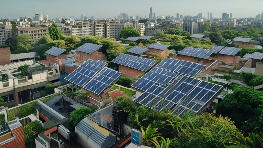 Urban landscape featuring green initiatives like solar panels.
