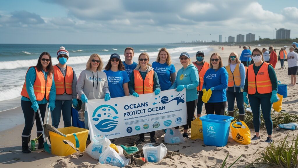 Volunteers cleaning a beach, demonstrating community activism for ocean health.