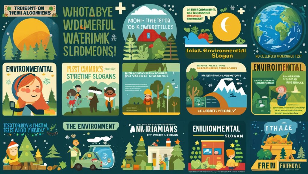 An infographic displaying various environmental slogans with thematic illustrations.