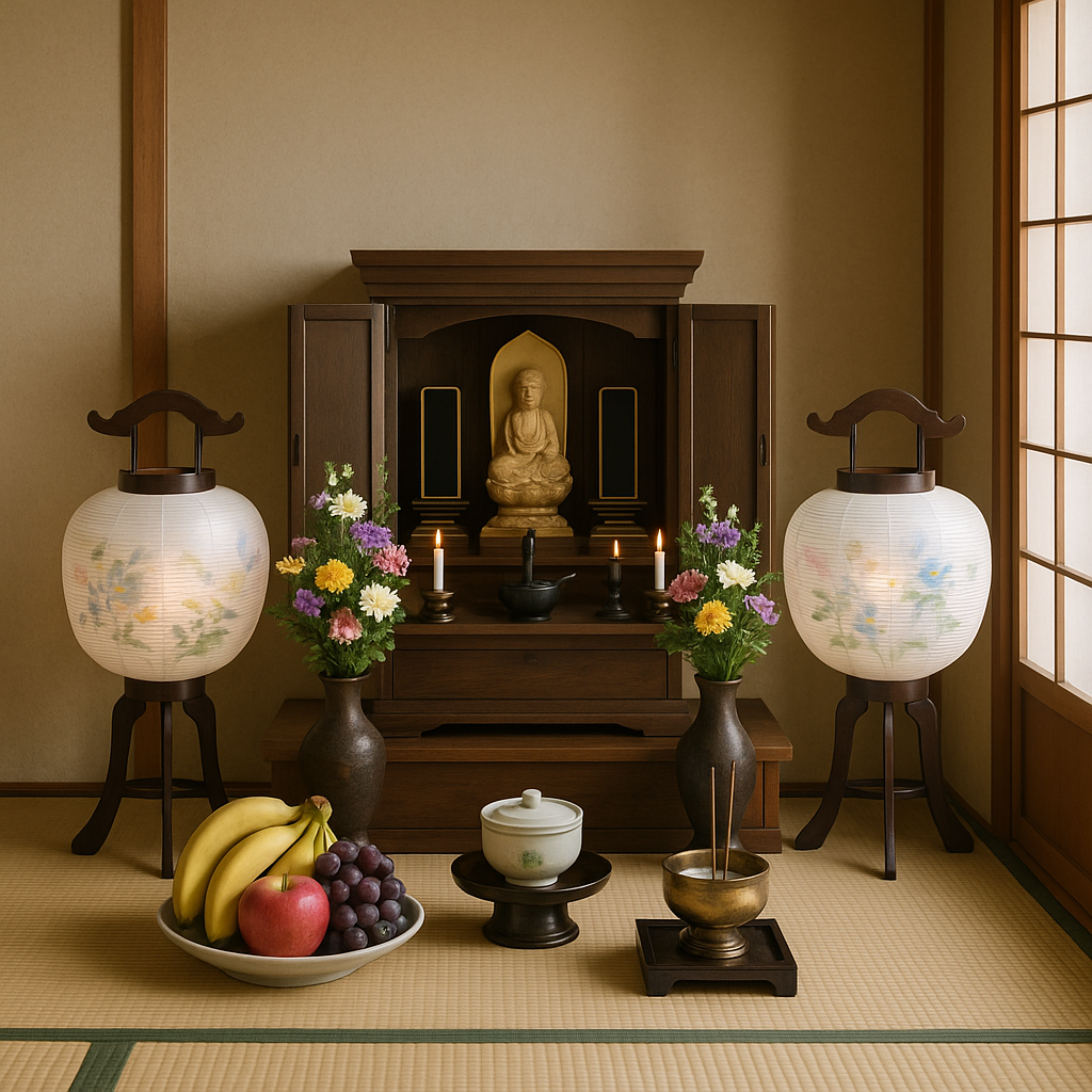 Obon 2026 family altar with offerings and lanterns