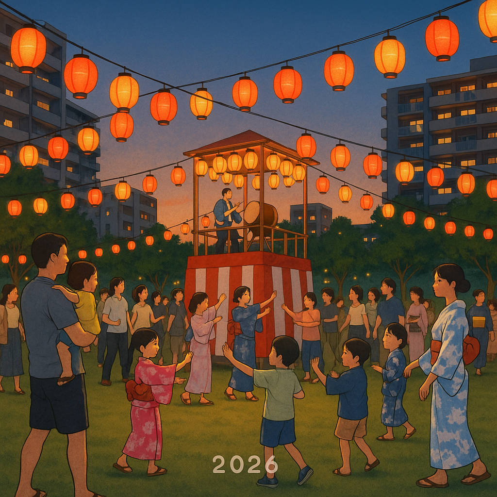 Modern Obon 2026 celebration in an urban Japanese neighborhood