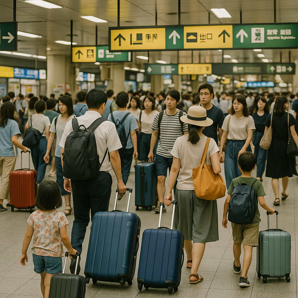 Obon 2026 travel rush at a Japanese train station