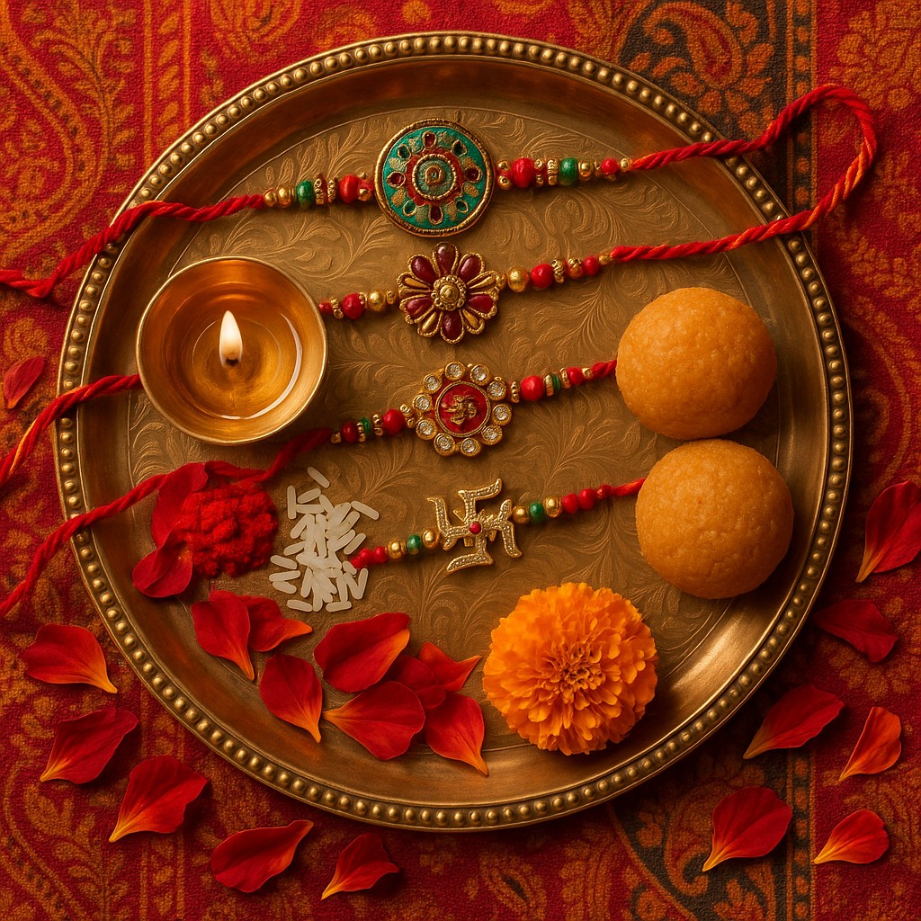 Raksha Bandhan 2026 puja thali with rakhi and sweets