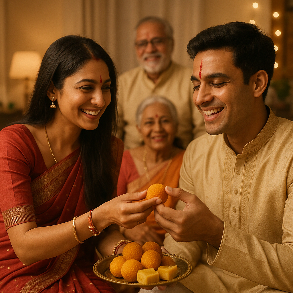 Siblings celebrating Raksha Bandhan 2026 with sweets and blessings