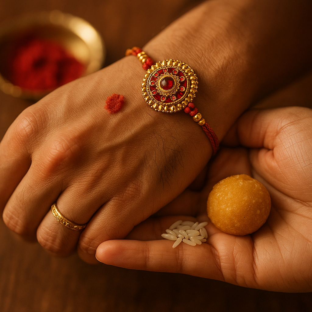 Close-up of Raksha Bandhan 2026 rakhi ceremony details