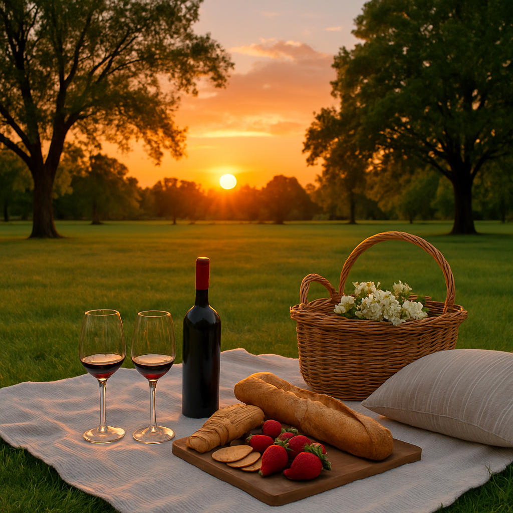 Romantic picnic setup in a park during sunset.