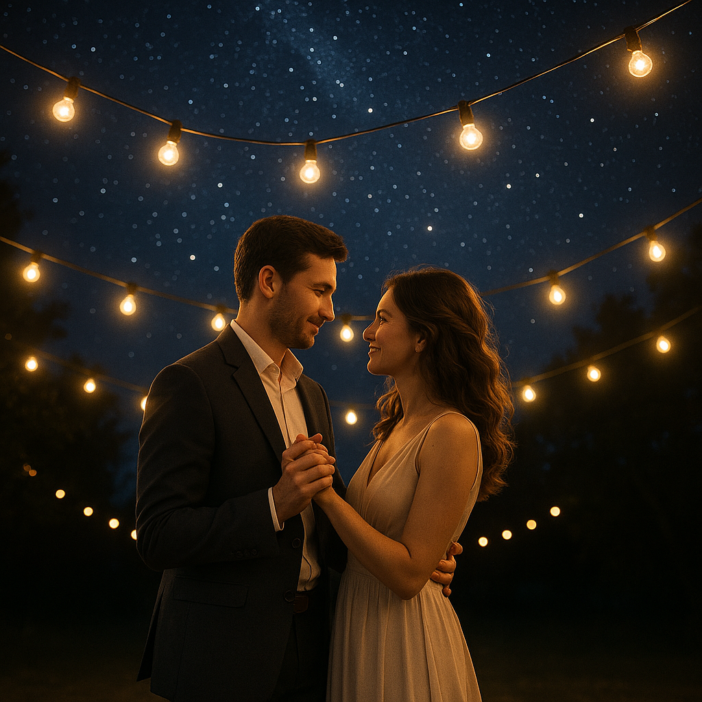 Couple dancing under string lights at night.
