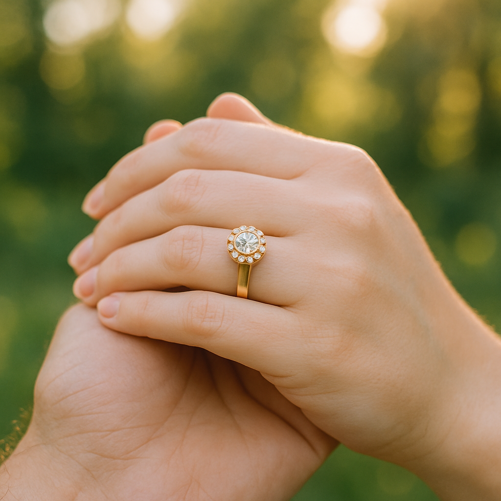 Close-up of intertwined fingers with wedding ring.