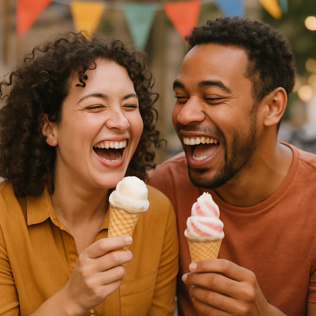 Playful couple enjoying ice cream together outdoors.