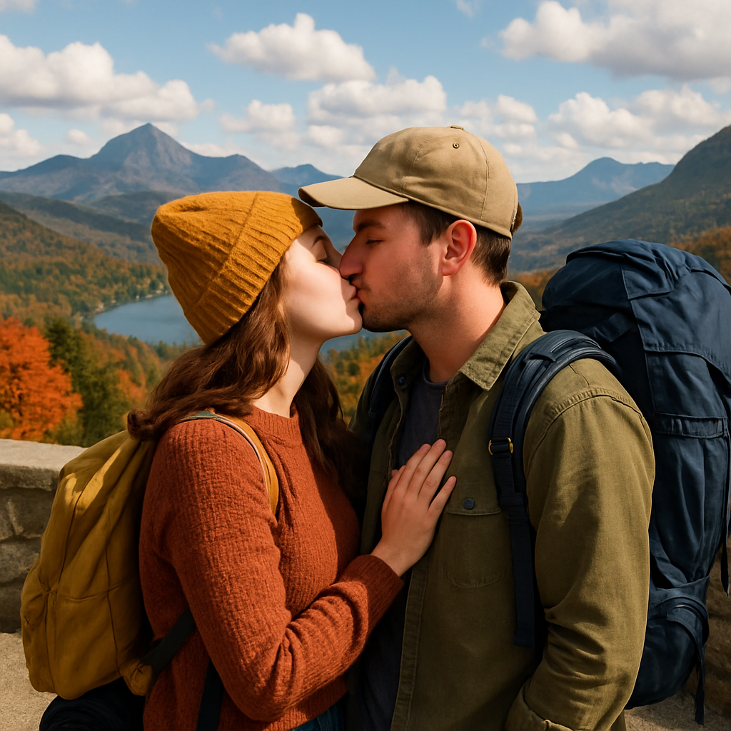 Couple sharing a kiss at a scenic mountain overlook.