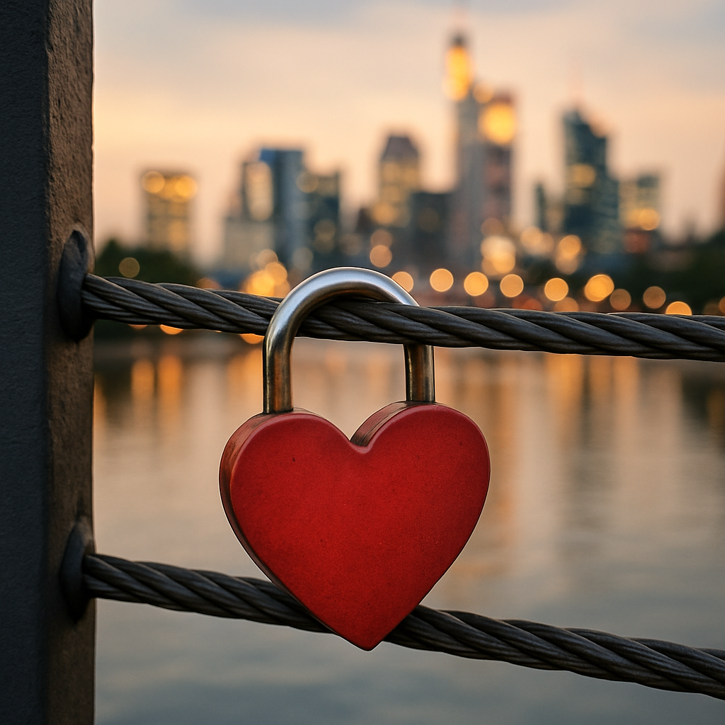 Heart-shaped love lock on a bridge with city skyline.
