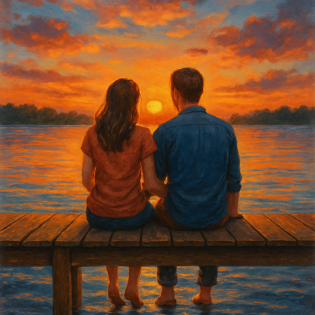 Couple sitting on a pier at sunset by the water.