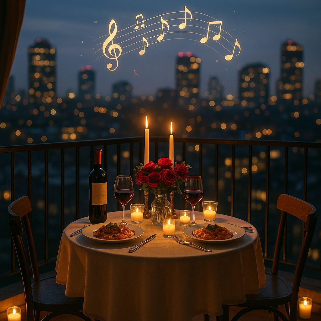 Candlelit dinner setup on a balcony with city view.