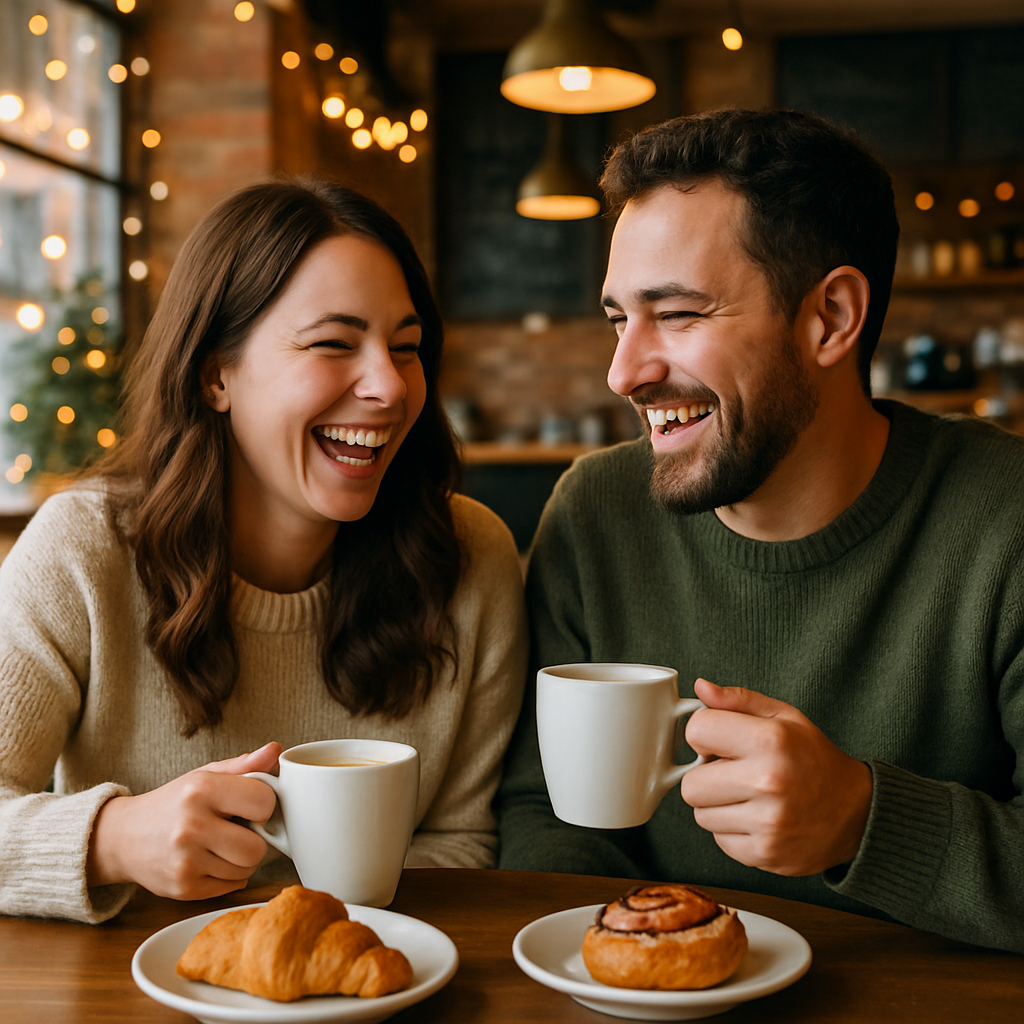 couple laughing over coffee in a cozy cafe