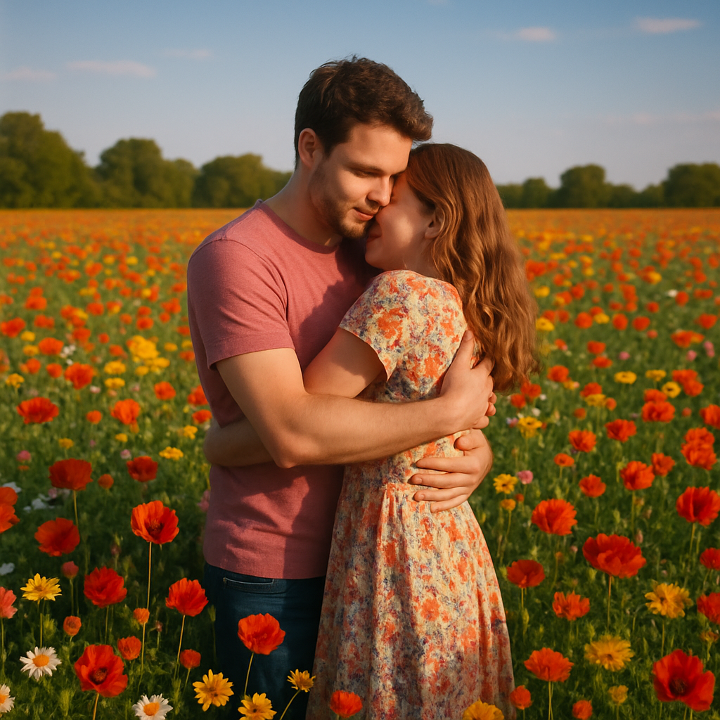 couple embracing in a field of blooming flowers
