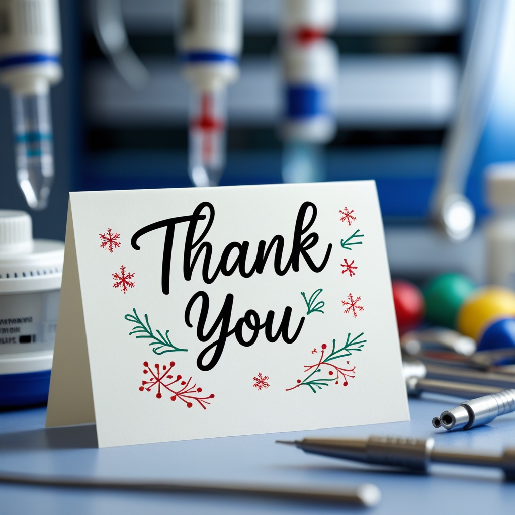 handwritten thank you note on a desk with medical tools