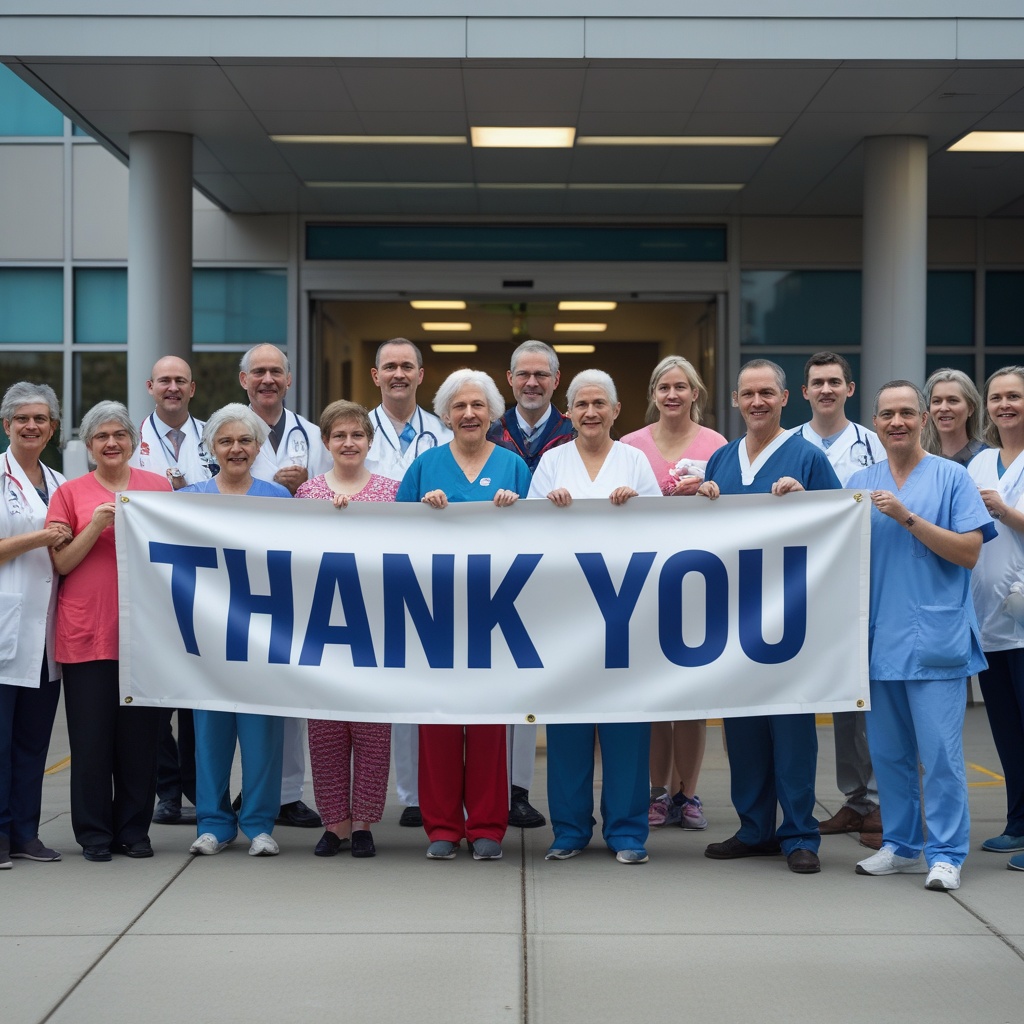 group of patients holding a thank you banner outside a hospital