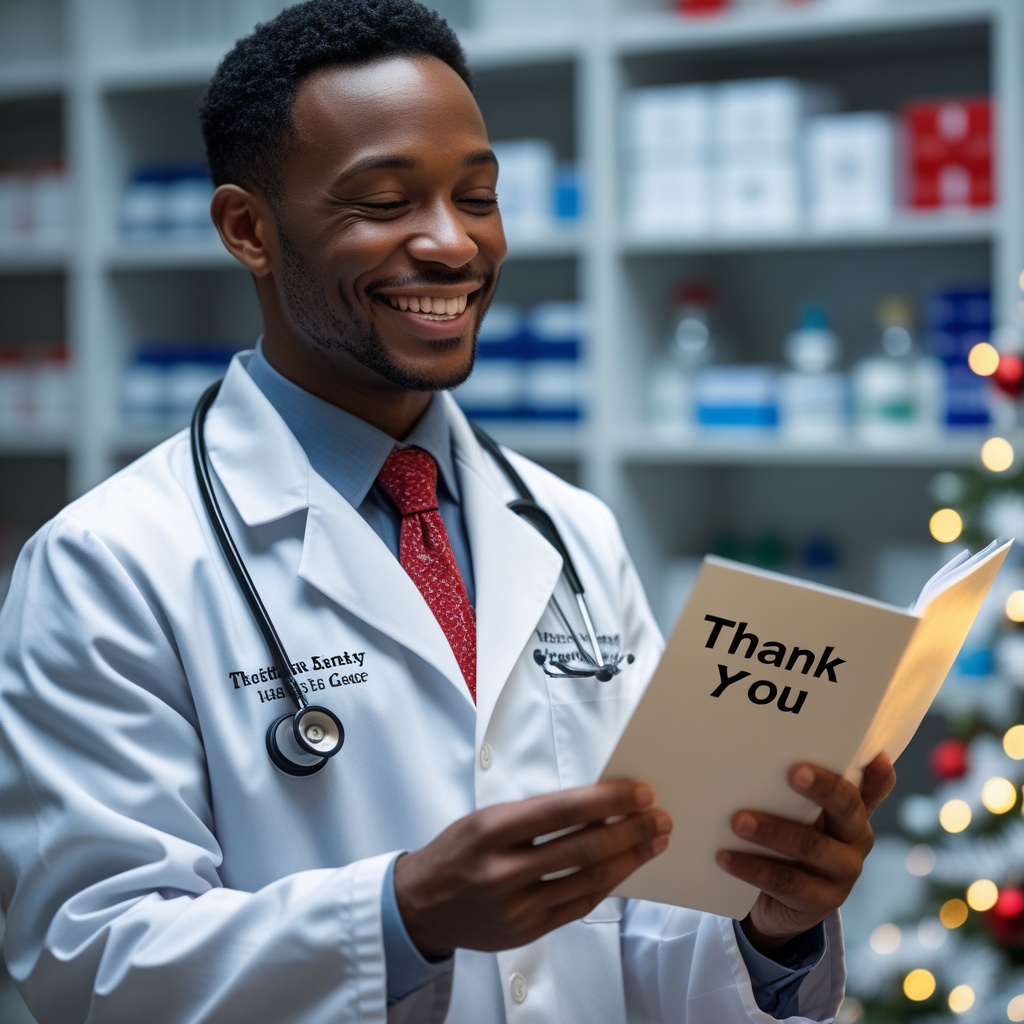 doctor smiling while reading a thank you message