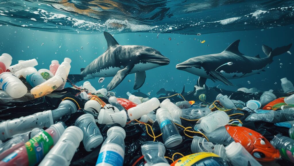 Marine life affected by plastic pollution depicted artistically.