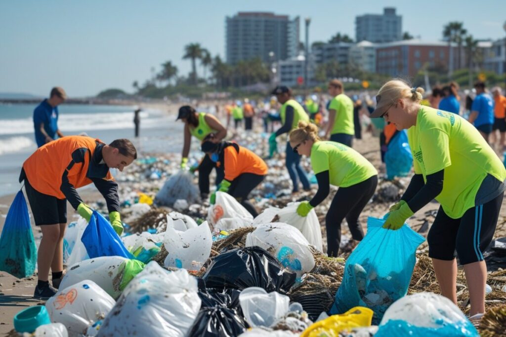 Volunteers collecting plastic waste during a beach cleanup event.