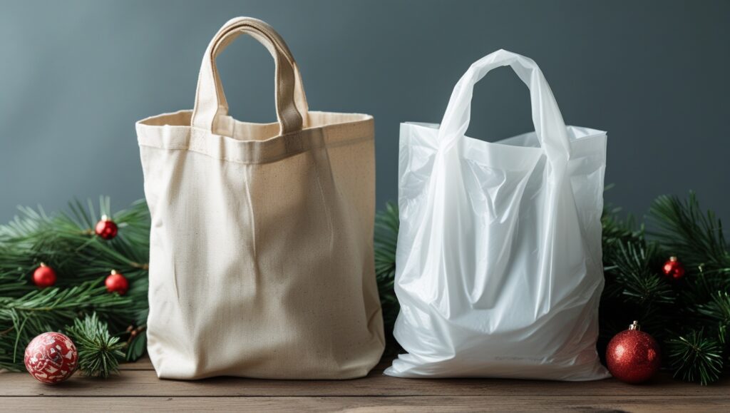 A reusable cloth bag and a single-use plastic bag side by side.