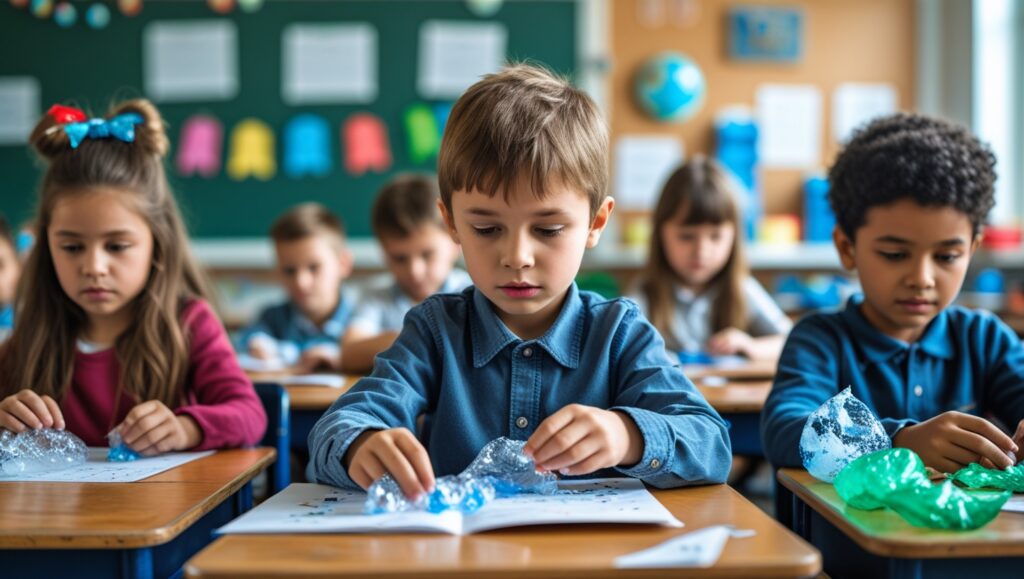 Children learning about plastic pollution in a classroom environment.