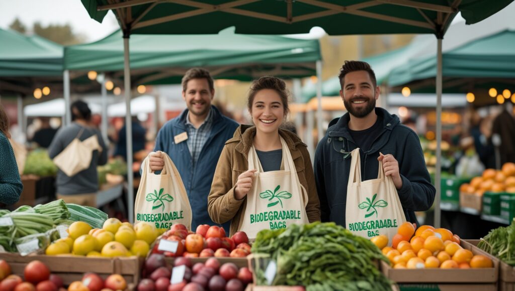 Vendors using biodegradable bags at a farmer's market.