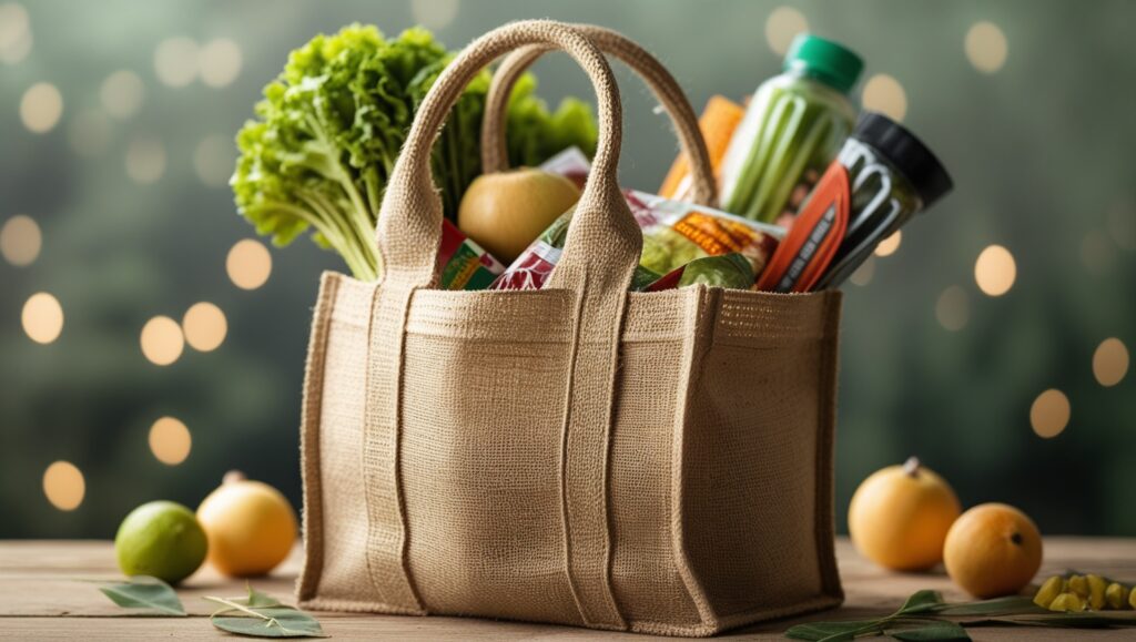 A jute bag filled with vegetables against a natural backdrop.